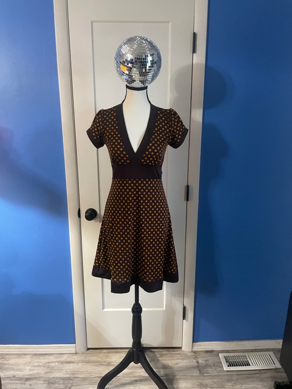 Brown Polka Dot V-Neck Mini Dress